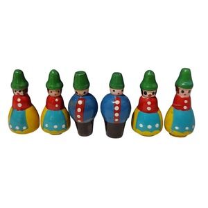 Vintage Figural Wooden People Buttons Collectible Hand Painted Made Japan Six
